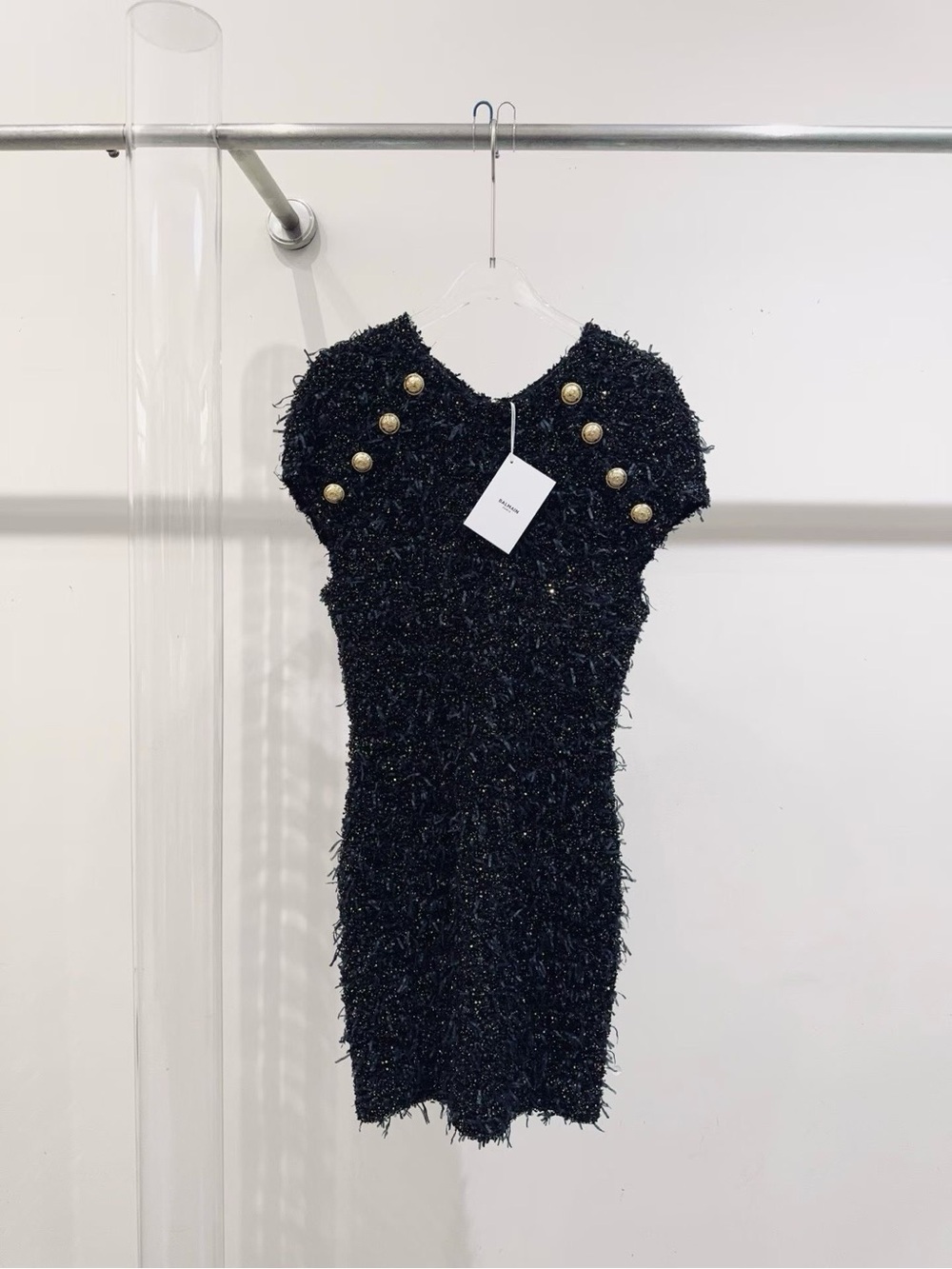Balmain Black Textured Bouclé Mini Dress with Gold Buttons